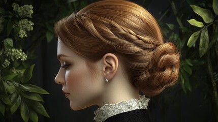 Elegant updo hairstyle showcasing intricate braids and a graceful finish for an evening celebration in a serene botanical setting