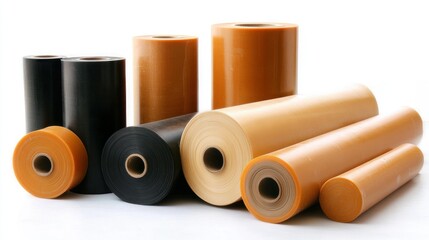 Assorted rolls of industrial plastic film.  Various colors and widths, likely for packaging or industrial applications.  Rolls are tightly wound, ready for use