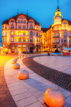 Oradea, Romania with The Black Eagle Palace (Palatul Vulturul Negru in Western Transylvania in Romania. Historical cultural city in europe