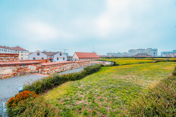 Fortificated brick walls of Oradea castle. Western Transylvania in Romania. Historical cultural city in europe
