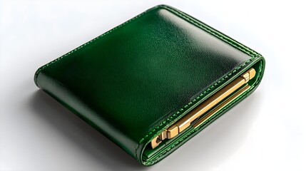 A sleek, green wallet made of glossy material, showcasing a shiny gold clasp, resting on a light background.