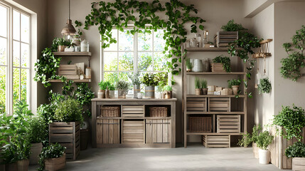 Rustic Wooden Shelving Unit With Plants And Greenery