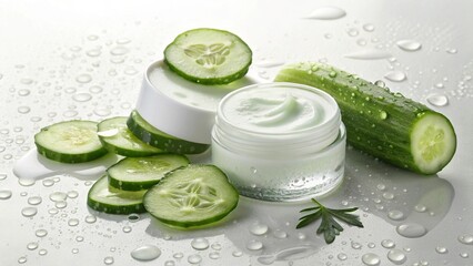 Light and bio cucumber skin creams. Natural face creams, fresh cucumber slices and water drops