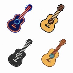 Fototapeta premium A set of four 2D guitar icons in different styles: neon, marker, chalk, and flat pastel. One object illustrated in four visual techniques on a white background.