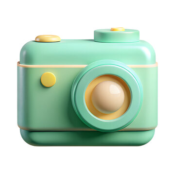 Retro pastel green camera icon, minimalist design, soft rounded edges, large lens, small yellow flash, subtle shadow, 3D render, skeuomorphic style, app icon aesthetic, clean background, mint color pa