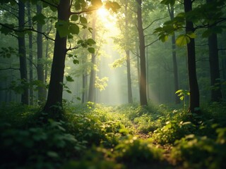 Obraz premium A digital image depicting a sunlit path winding through a lush green forest The scene is serene and peaceful with rays of sunlight illuminating the path and foliage Aigenerated imagery