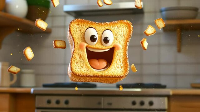 Funny cartoon white bread toast dancing on kitchen table, funny animation of bread in kitchen atmosphere