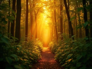 Fototapeta premium A picturesque path winds through a dense forest bathed in the warm glow of golden sunlight filtering through the trees creating a magical atmosphere