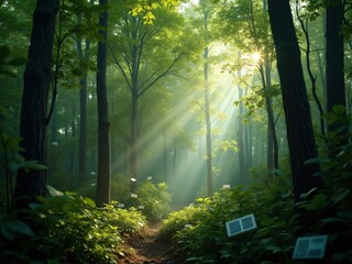 Obraz premium A digital image depicting a sunlit path winding through a lush green forest with mysterious floating tablets adding an element of fantasy or mystery to the scene The image is serene and evocative