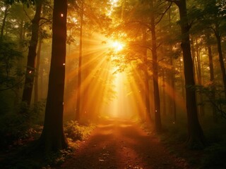 Obraz premium A picturesque path winds through a dense forest bathed in the warm golden light of sunrise Mist hangs in the air adding an ethereal quality to the scene The sun's rays stream through the trees creatin