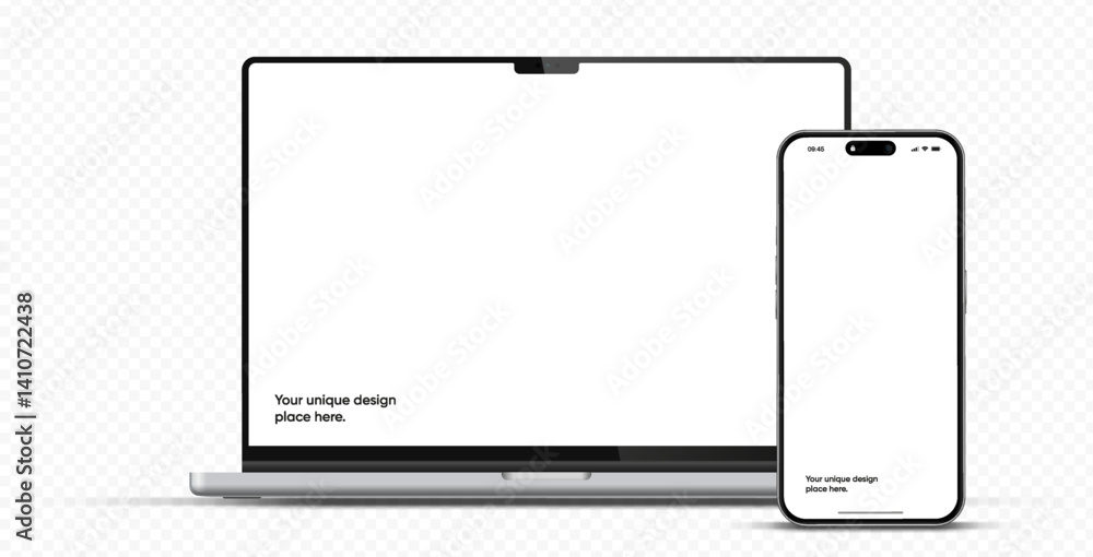 Fototapete Modern laptop mockup front view and smartphone mockup high quality isolated on white background. Notebook mockup and phone device mockup for ui ux app and website presentation Stock Vector.