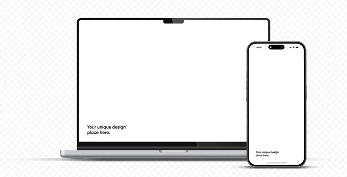 Modern laptop mockup front view and smartphone mockup high quality isolated on white background. Notebook mockup and phone device mockup for ui ux app and website presentation Stock Vector.