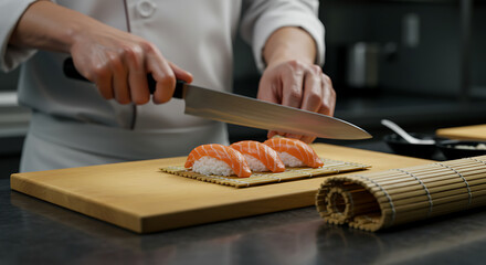 Obraz premium A high-resolution image of sushi being prepared by a Japanese chef, with focus on fresh sashimi, bamboo mat, and precision knife skills