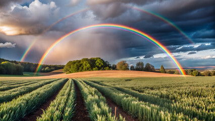 Double Rainbow Over Lush Field After Rainstorm Beautiful Natural Scenery