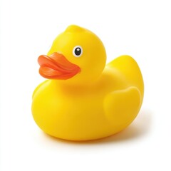 A bright yellow rubber duck with an orange beak isolated on white background
