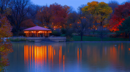 Fototapeta premium Autumn Park Pond At Twilight With Illuminated Gazebo