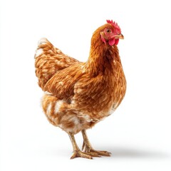 Fototapeta premium A full view of a brown feathered hen standing isolated on white background