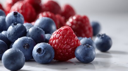 Refreshing Close Up of Juicy Blueberries and Raspberries on White
