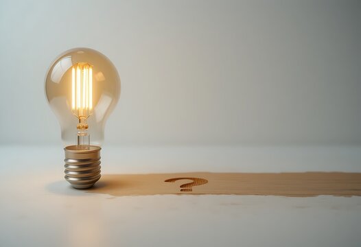 A vintage-style light bulb with a glowing filament sits on a rustic wooden table, casting a warm, ambient glow that highlights the natural grain of the wood surface.
