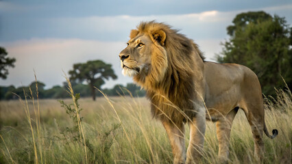 Obraz premium A lion pride walking through the dry savanna towards the camera, beautiful male lions in the middle. Kruger National Park.
