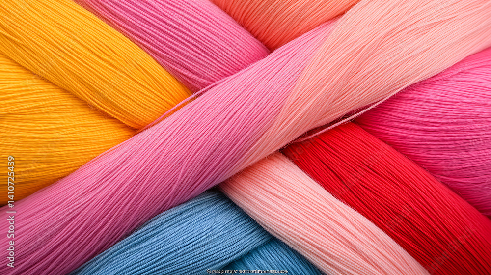 Poster colorful yarn strands create a vibrant and inviting textile texture, showcasing a range of hues and 