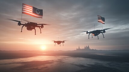 Naklejka premium Patriotic Drones Soaring at Sunset Over Historic Cityscape: A Futuristic Vision of American Surveillance