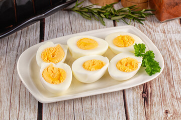 Boiled chicken eggs with bright yolk