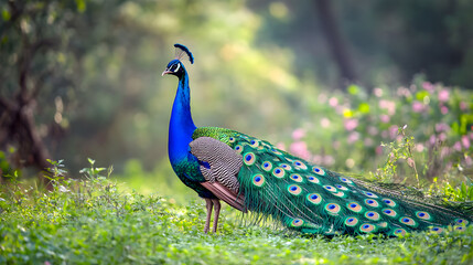 Obraz premium A beautiful blue and green peacock stands in a lush green field