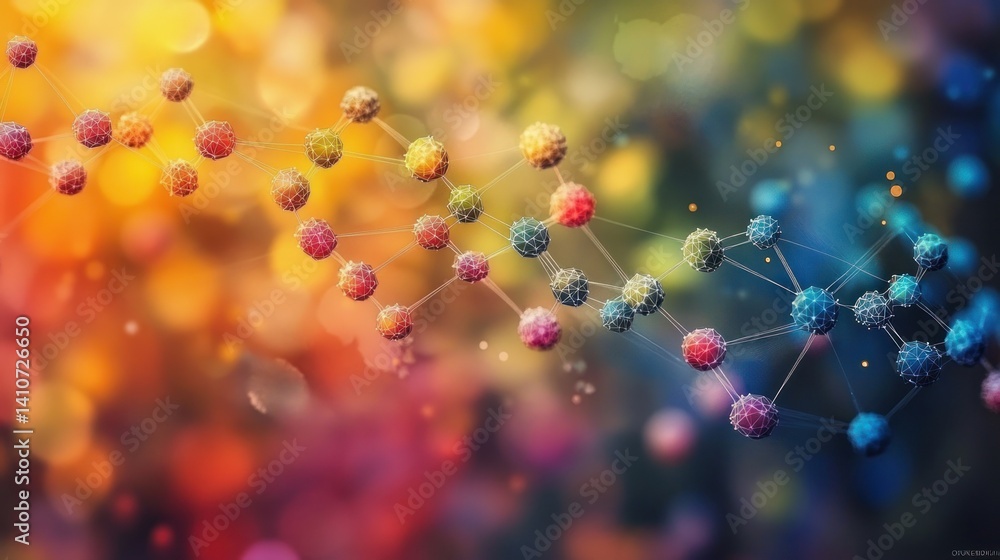 Poster connected nodes linked with lines, colorful background bokeh effect