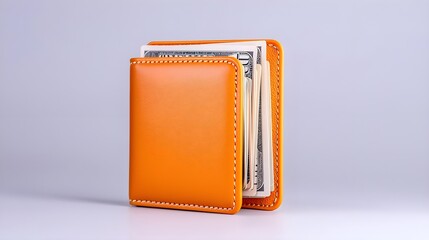 A sleek orange wallet partially open, showcasing cash inside, against a minimalist background.
