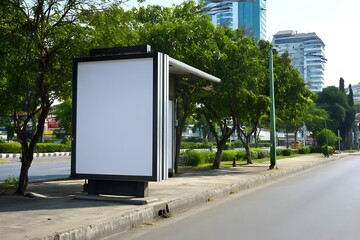 Empty billboard in city with trees for modern ad placement  
