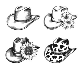 Western Cowboy Hat Set. Vintage Style Illustrations are perfect for western-themed design projects, apparel prints, stickers, or tattoo concepts