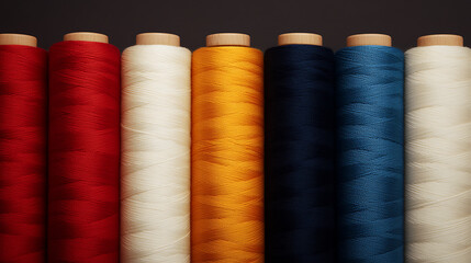 Colorful sewing threads on spools in a vibrant lineup. A rainbow of options for creative projects. Sewing and crafting inspiration.