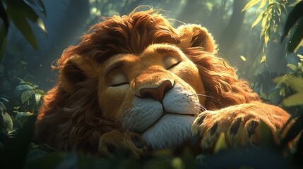 Sleeping Lion in Lush Forest Peaceful Wildlife Scene