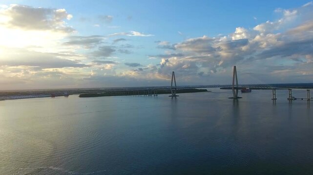 Arthur Ravenel Jr. Bridge aerial at sunset 