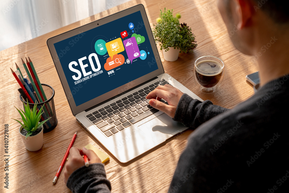 Poster seo search engine optimization for modish e-commerce and online retail business showing on computer 