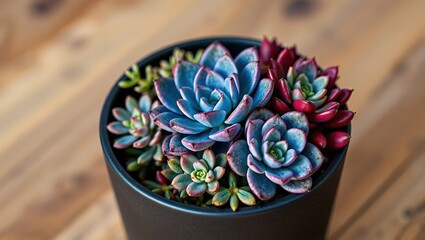 Rustic Elegance: Red, Blue, & Gold Succulents in Matte Black Pot