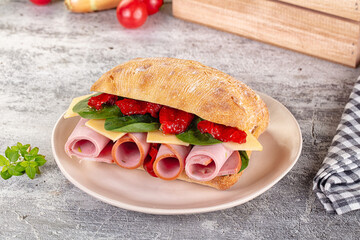 Ciabatta with mortadella, tomato, cheese and spinach