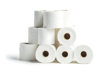 A stack of white toilet paper rolls, neatly arranged, isolated on a white background