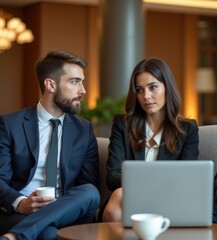Obraz premium Two professionals discussing business in hotel lobby, open laptop on table, stylish space and coffee create a focused, modern meeting setup.