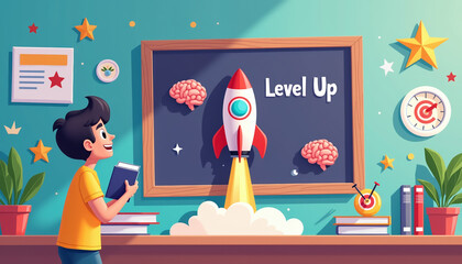 Boy launching rocket with excitement in a colorful classroom  