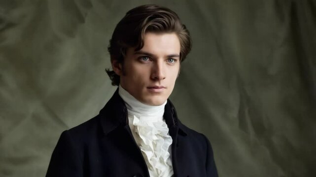 Handsome fair-skinned man wearing a Regency Era-style white frilled shirt and dark coat against a muted green background gazes thoughtfully.
