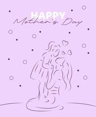 Mother's day greeting card. Little child leans over to the mom to hug. Vector illustration in simple minimal linear style.