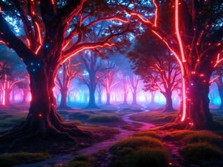 Obraz premium A mystical forest scene at night with trees illuminated by vibrant neon red and blue lights creating a surreal and magical atmosphere along a winding path