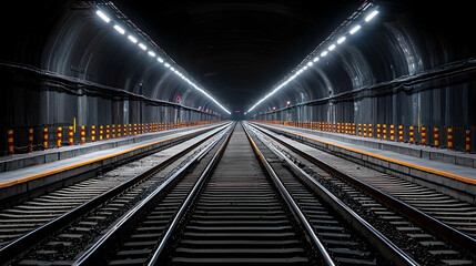 Obraz premium Dark Train Tunnel Interior With Tracks And Platform