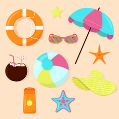 Set of beach elements. Cocktail, ball, sunglasses, sunscreen, hat, lifebuoy, starfish, umbrella