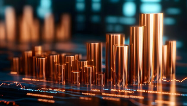 metallic cuprum cylinders rise against economic graph shining bars reflect the stock market s fluctuations financial growth depicted by ascending copper rods panorama with copy space