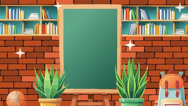 Dynamic video, welcome Back to school concept blackboard with school staff, backpack, pencils, books	and study stuff 
