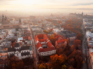 Wawel castle landmark with city view near river in Krakow Poland. Autumn landscape on coast river Wisla.