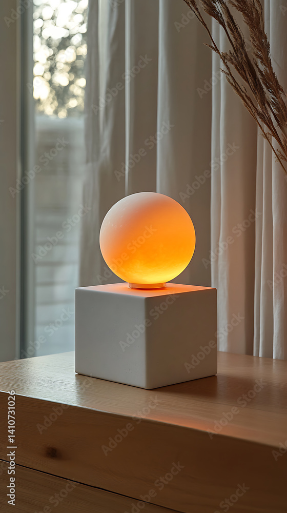 Poster minimalist soft cube shaped wellness device featuring glowing orb on top, creating warm ambiance in 